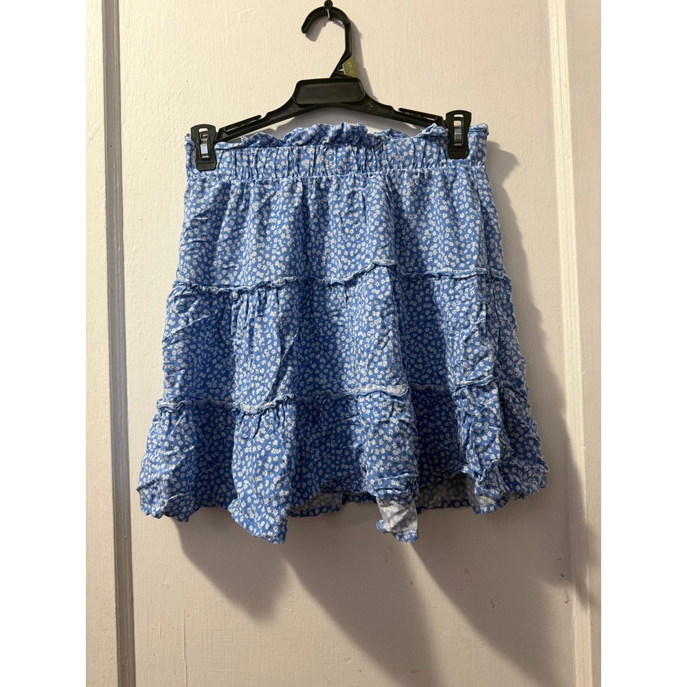 Wild Fable Blue Floral Tiered Mini Skirt XS Rayon Ruffle Waist Boho Ditsy Print